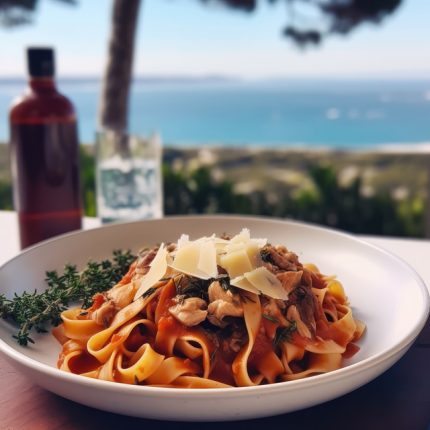 Tagliatelle cu fasii aromate de pui, ciuperci si sos de rosii cu busuioc